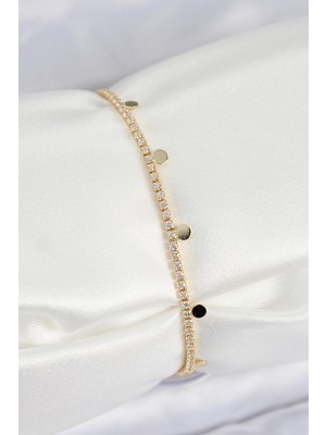 Calperia Pirinç Zirkon Taşlı Ezme Zincirli Sıralı Model Gold Renk Kadın Bilekilk