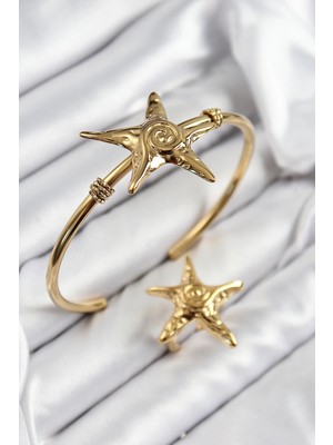 Calperia Pirinç Deniz Yıldızı Model Gold Renk Bileklik Yüzük Set