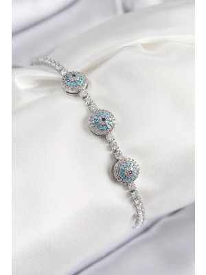 Calperia Pirinç Zirkon Taşlı Nazar Model Gümüş Renk Kadın Bileklik