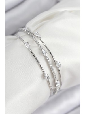 Calperia Pirinç Zirkon Taşlı Su Yolu Model Gümüş Renk Kadın Bileklik