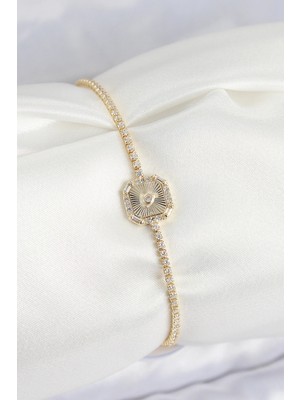 Calperia Pirinç Zirkon Taşlı Kare Model Gold Renk Kadın Bilekilk