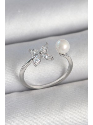 Calperia Pirinç Gümüş Renk Zirkon Taşlı Çiçek Model Inci Detay Ayarlanabilir Kadın Yüzük