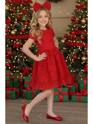 Riccotarz Kız Çocuk Üzeri Dantel Işlemeli Içi Astarlı Simli Kırmızı Abiye