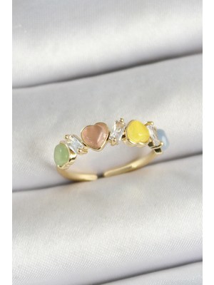 Calperia Pirinç Sıralı Kalp Figürlü Zirkon Taşlı Gold Renk Ayarlanabilir Kadın Yüzük