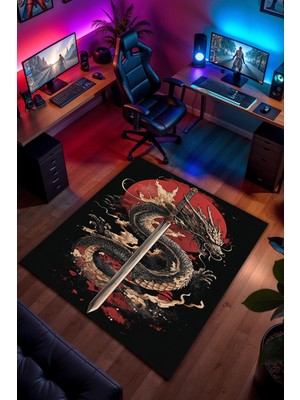 Charmbi Ejderha Desenli Kaymaz Taban Makinede Yıkanabilir Gaming Oyuncu Gamer Genç Odası Halısı