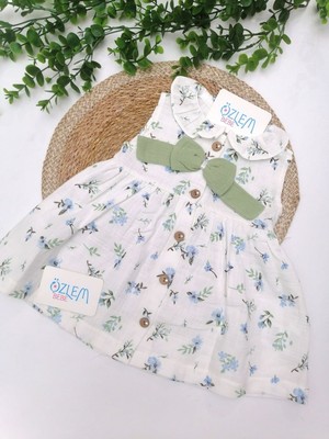 Bebe Yaka Çiçekli Askılı Müslin Elbise Mavi - 6 Ay