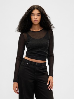 Gap Kadın Siyah Sheer Metallic Mesh T-Shirt