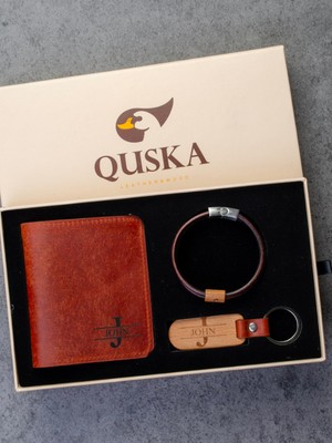 Kişiye Özel Isimli El Yapımı Hakiki Deri Kiremit Cüzdan+Anahtarlık+Bileklik Hediyelik Set - Grain Fold