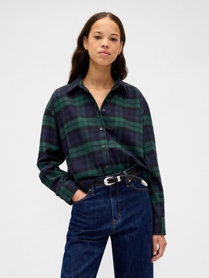 Gap Kadın Koyu Yeşil Flannel Straight-Hem Crop Gömlek