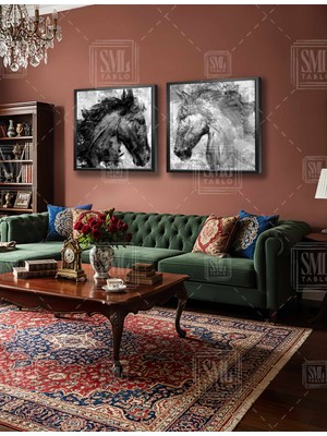 SML Tablo Beyaz ve Siyah Asil At Boya Sıçramaları Grunge Dekor Ikili Kare Kombin 2li Çerçeveli Kanvas Tablo