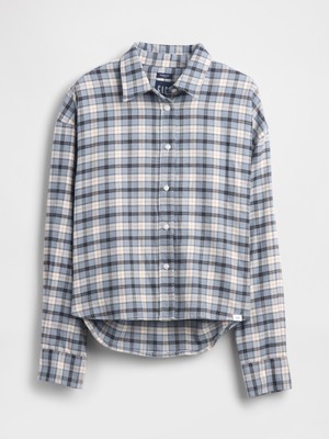 Gap Kadın Mavi Flannel Straight-Hem Crop Gömlek