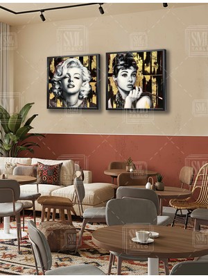 SML Tablo Gold Audrey Hepburn ve Marilyn Monroe Hollywood Ikonlar Ikili Kare Kombin 2li Çerçeveli Kanvas Tablo