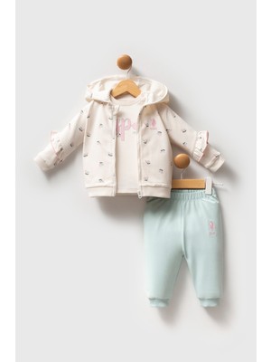 U.S. Polo Assn. Us Polo Kız Kapüşonlu Üçlü Alt Üst Takım - 2750US - Ekru - 9 Ay Ekru