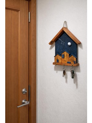 Anı Atölyesi 3 Kancalı Gece Temalı Ahşap Dekoratif Duvar Anahtarlık 30X20