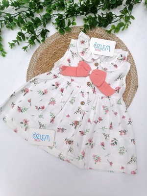 Bebe Yaka Çiçekli Askılı Müslin Elbise Pembe - 1 Yaş