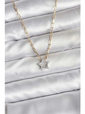 Calperia Pirinç Gold Renk Zincirli Zirkon Taşlı Minimal Yıldız Model Kadın Kolye
