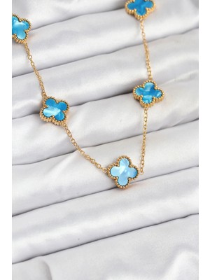 Calperia 316L Çelik Zincir Gold Buz Mavisi Renk Yonca Kolye
