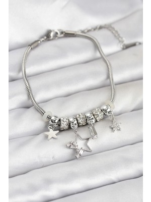 Calperia Gümüş Renk Pirinç Yıldız Model Charmlı Kadın Bileklik