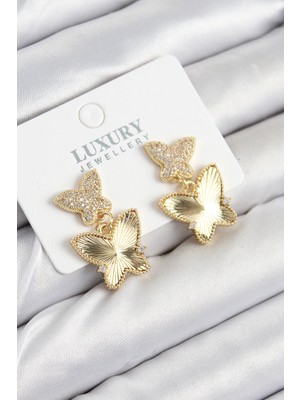 Skygo Pirinç Zirkon Taşlı Kelebek Model Gold Renk Kadın Küpe - TJ-BKP11209