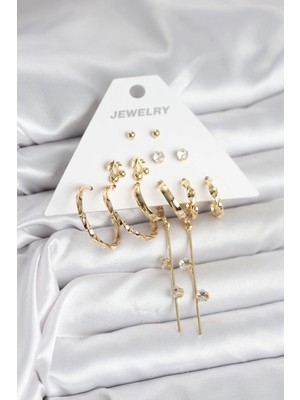 Calperia Gold Renk 6 Çift Pirinç Kadın Küpe Seti