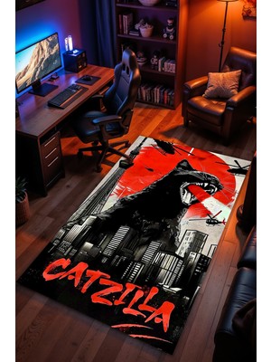 Charmbi Catzılla Desenli Kaymaz Taban Makinede Yıkanabilir Gaming Oyuncu Gamer Genç Odası Halısı