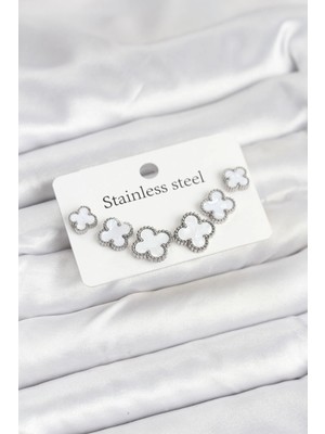 Calperia 316L Çelik Gümüş Beyaz Renk 3 Boy Yonca Küpe Seti