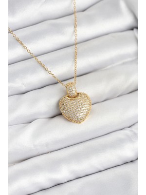 Calperia 316L Çelik Zincir Gold Renk Zirkon Taşlı Kalpli Kadın Kolye