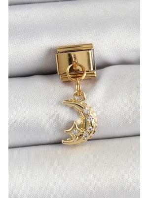 Calperia 316L Çelik Sallantılı Zirkon Taşlı Ay Model Gold Renk Nomination Charm