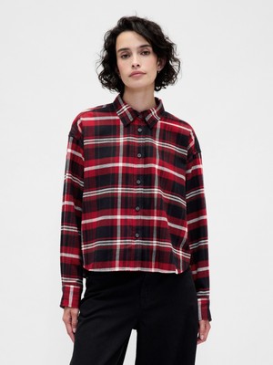 Gap Kadın Bordo Flannel Straight-Hem Crop Gömlek