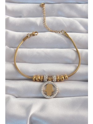 Ayder Timya 316L Çelik Gold Renk Zirkon Taş Aksesuarlı Fatma Ana Eli Bileklik - TJ-BB6233 TG/Tmya1395 213125