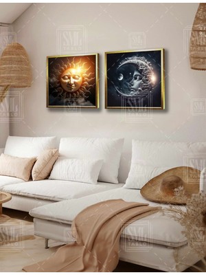SML Tablo Güneş ve Ay Gündüz Cw Gece Zıtlık Güneş Işık Saçan Saç Ikili Kare Kombin 2li Çerçeveli Kanvas Tablo
