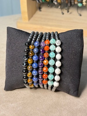 Sırlı Taş 7'li Doğal Taş Bileklik Seti, Siyah Akik, Kaplan Gözü, Lapis Lazuli, Ametist, Kırmızı Jasper, Agalmatolite, Havlit Doğal Taş Bileklik, Tasarım Bileklik 6mm Ipli Ayarlanabilir