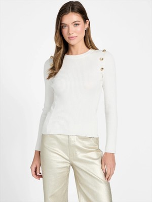 Guess Uzun Kollu Fitilli Logolu Düğmeli Vonn Kadın Beyaz Triko W6RR58Z2YK2-G1O6