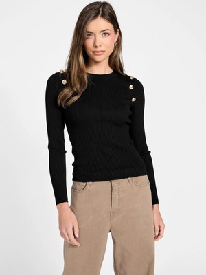 Guess Uzun Kollu Fitilli Logolu Düğmeli Vonn Kadın Siyah Triko W6RR58Z2YK2-JBLK