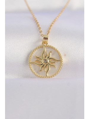 Ayder Timya 316L Çelik Zincir Altın Renk Zirkon Taşlı Oval Tasarım Güneş Kolye - TJ-BKO8653 TG/Tmya1395 212360
