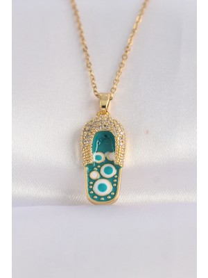 Ayder Timya 316L Çelik Zincir Zirkon Taşlı Altın Renk Nazarlı Terlik Tasarımlı Kolye - TJ-BKO8664 TG/Tmya1395 212368