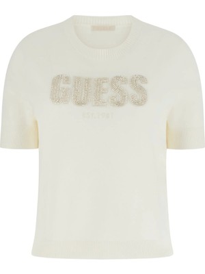Guess Kısa Kollu Bisiklet Yaka Norah Logolu Triko Kadın Beyaz Triko W6RR47Z2NQ2-G012