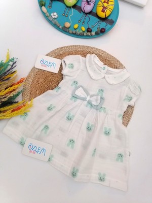 Bebe Yaka Tavşan Nakış Müslin Elbise Beyaz - 2 Yaş