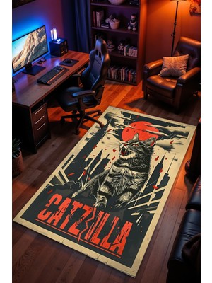 Charmbi Catzılla Desenli Kaymaz Taban Makinede Yıkanabilir Gaming Oyuncu Gamer Genç Odası Halısı