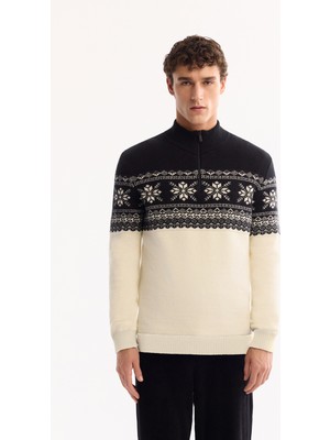 Avva Erkek Siyah Dik Yaka Fermuarlı Soft Touch Desenli Triko Regular Fit Kazak A52Y5073