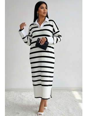 Newco Çizgili Elbise V Yaka, Yumuşak Dokulu, Şık Basic Model - Ekru
