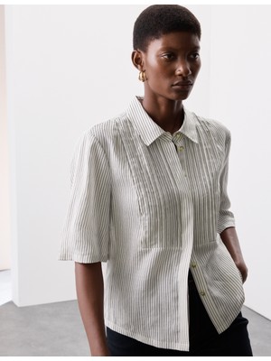 Marks & Spencer Saf Ramie Çizgili Pintuck Gömlek