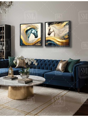 SML Tablo Gold Saçlı Mavi ve Beyaz At Lüks Dekor Ikili Kare Kombin 2li Çerçeveli Kanvas Tablo