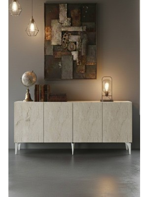 Yumedi Design KA1809BT - Gümüş Konsol ,tv Sehpası , Çok Amaçlı Dolap, Kahve Köşesi 180 cm Beyaz-Traverten