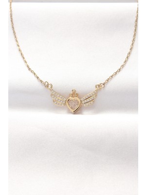 Ayder Timya 316L Çelik Gold Renk Zirkon Taşlı Kalpli Kanat Kolye - TJ-BKO8516 TG/Tmya1395 212222