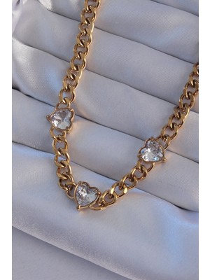 Ayder Timya 316L Çelik Gold Renk Zirkon Taşlı Kalp Model Zincir Kolye - TJ-BKO8949 TG/Tmya1395 212908