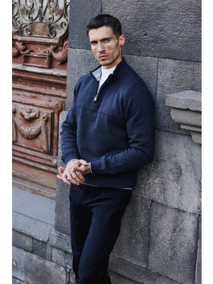 Jakamen Indigo Slim Fit Fermuarlı Triko Kazak