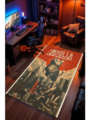 Charmbi Catzılla Desenli Kaymaz Taban Makinede Yıkanabilir Gaming Oyuncu Gamer Genç Odası Halısı