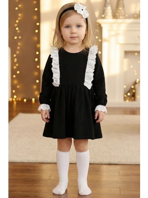Parla Kids Kız Çocuk Elena Siyah Uzun Kollu Bisiklet Yaka Fisto Dantel Detaylı Elbise Saç Bandı Takım