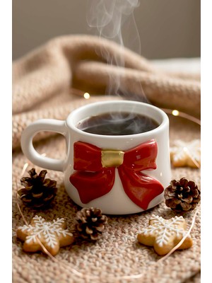 Kurdele Amore 24 K Altın Süslemeli El Yapımı Yılbaşı Hediyesi Seramik Double Kahve Fincanı, Mug, Kupa